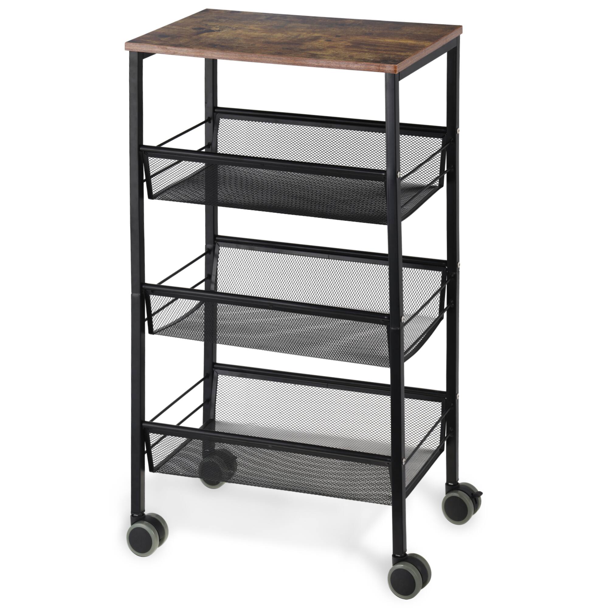 Black Rustic 3-Tier Metal Wire Storage Kitchen Cart on Wheels